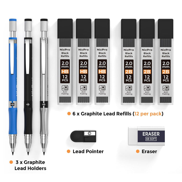 Nicpro 3Pcs 2.0mm Mechanical Pencil Set, Carpenter Drafting Pencil with 6 Tube Pre-Sharpen HB & 2B Refill, Eraser, Sharpener