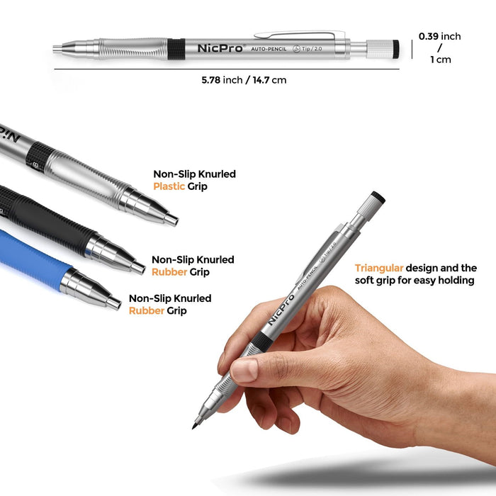 Nicpro 3Pcs 2.0mm Mechanical Pencil Set, Carpenter Drafting Pencil with 6 Tube Pre-Sharpen HB & 2B Refill, Eraser, Sharpener