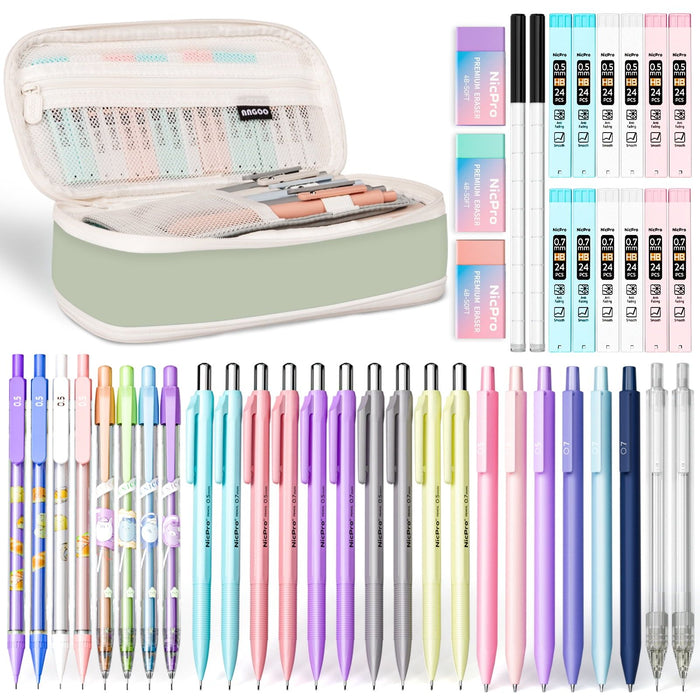 Nicpro 46Pcs Aesthetic School Supplies with Big Capacity Pen Case, 26 Pcs Cute Pastel Mechanical Pencils 0.5 mm & 0.7 mm with 12 Tube HB Lead Refills, Erasers, Eraser Refills