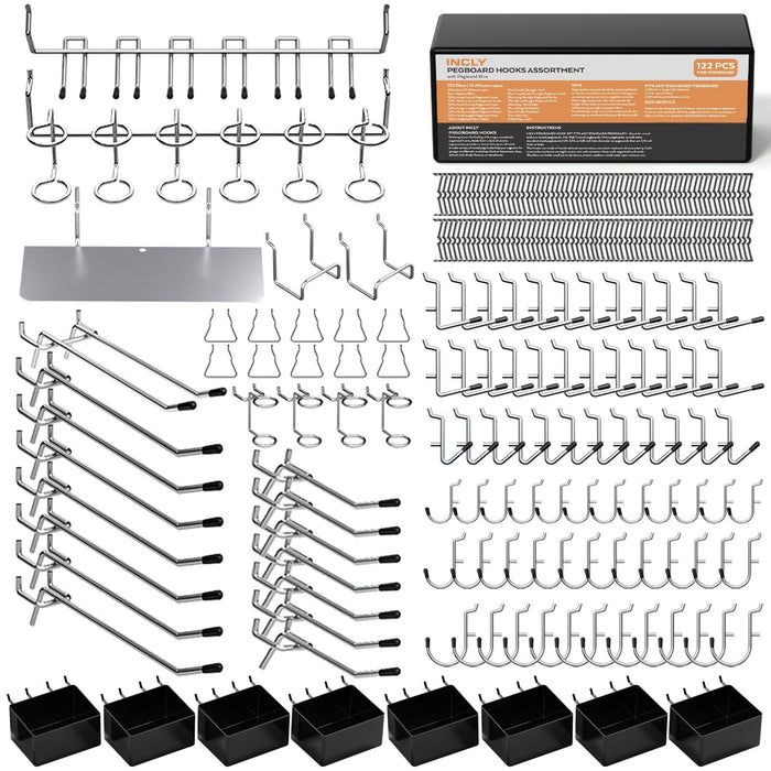 INCLY 206 Pcs Pegboard Accessories Organizer Kit, Pegboard Hooks Assortment with Bins, Peg Locks, Fit 1/8 and 1/4 inch for Garage Wall Hanging Tools