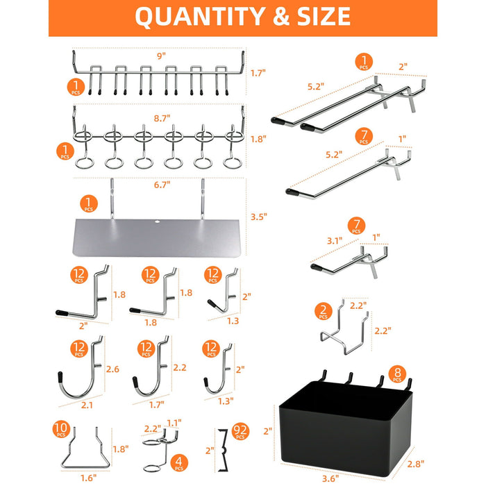 INCLY 206 Pcs Pegboard Accessories Organizer Kit, Pegboard Hooks Assortment with Bins, Peg Locks, Fit 1/8 and 1/4 inch for Garage Wall Hanging Tools