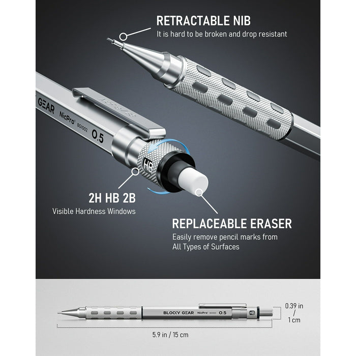 Nicpro 3Pcs Blocky Gear 0.5mm Metal Mechanical Pencils Set with Case, Lead Drafting Pencil with 8 Tube (480Pcs) Lead Refills(HB 2B), 4 Erasers, 18 Eraser Refills for Art Writing, Sketching Drawing