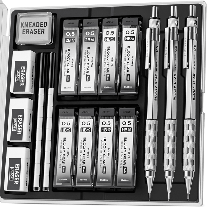 Nicpro 3Pcs Blocky Gear 0.5mm Metal Mechanical Pencils Set with Case, Lead Drafting Pencil with 8 Tube (480Pcs) Lead Refills(HB 2B), 4 Erasers, 18 Eraser Refills for Art Writing, Sketching Drawing