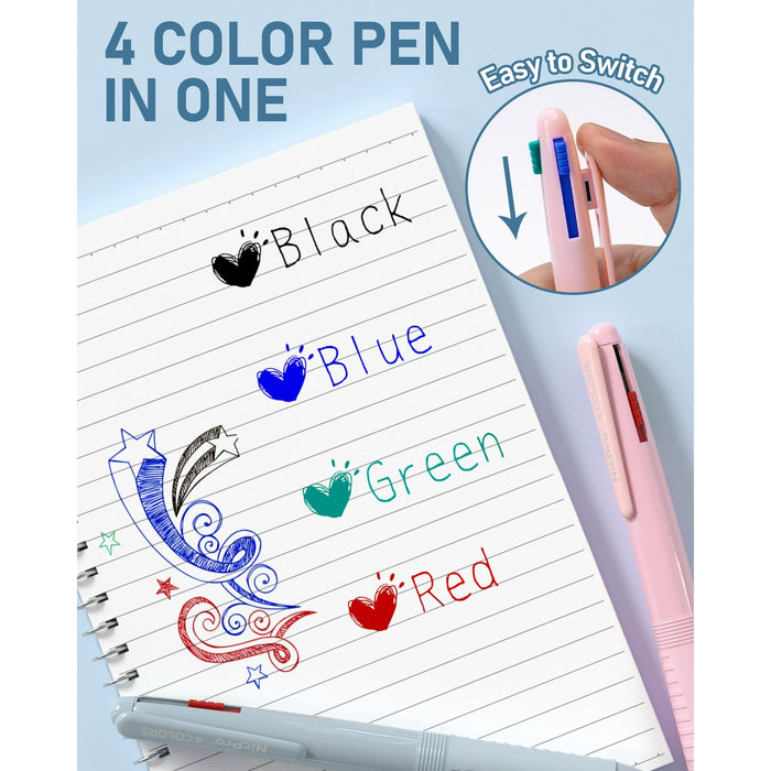 Nicpro 6 Pack Multicolor Ballpoint Pen Set, 0.5mm 4-in-1 Colored Ink Pen with Case, Retractable Pen with Fine Points