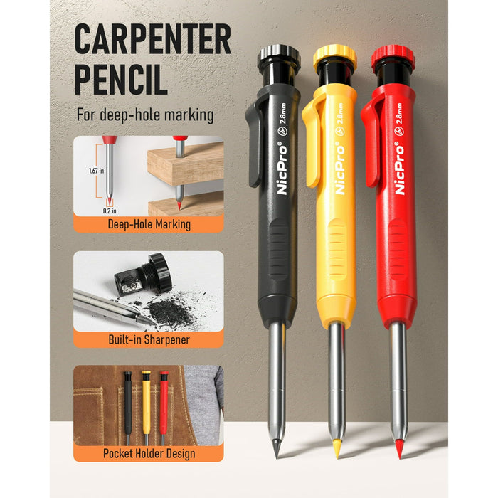 Nicpro 3 Pack Carpenter Pencil with Sharpener, Mechanical Carpenter Pencils