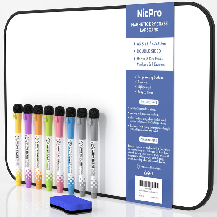 Nicpro Dry Erase Whiteboard A3, Magnetic Double Sided 30 x 42 cm White Board with Black Border, Including 8 Water-Based Pens and 1 Eraser