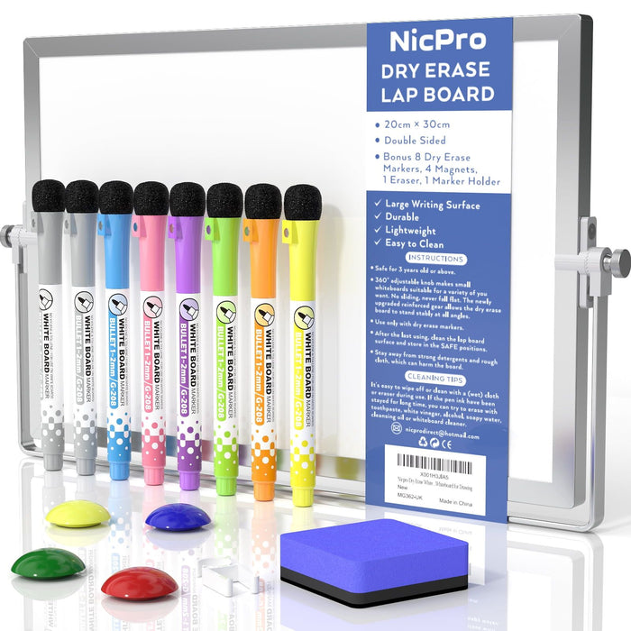 Nicpro Dry Erase Whiteboard A3, 40 x 30 cm Double Sided Small Magnetic Desktop Whiteboard with Stand, 8 Pens, 1 Eraser,4 Magnet, Portable Whiteboard Easel