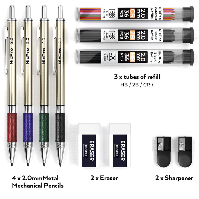 Nicpro 4 Pcs 2.0mm Mechanical Pencils Set, 108 Colored & Black (HB 2B) Lead Refills, Art Metal 2.0mm Carpenter Pencil with 2 Erasers, 2 Sharpeners for Drafting Sketching Drawing with Case