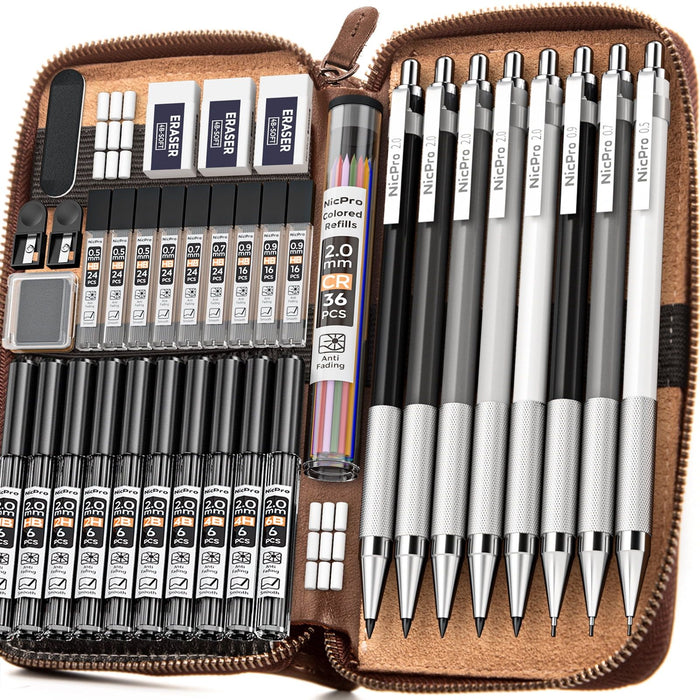 Nicpro 38 Pcs Art Mechanical Pencils Set in Leather Case, 3 Pcs Metal Drafting Pencil 0.5, 0.7, 0.9 mm & 5 Pcs 2mm Lead Holder (6B 4B 2B HB 2H 4H Colors) with 20 Tube Lead Refills