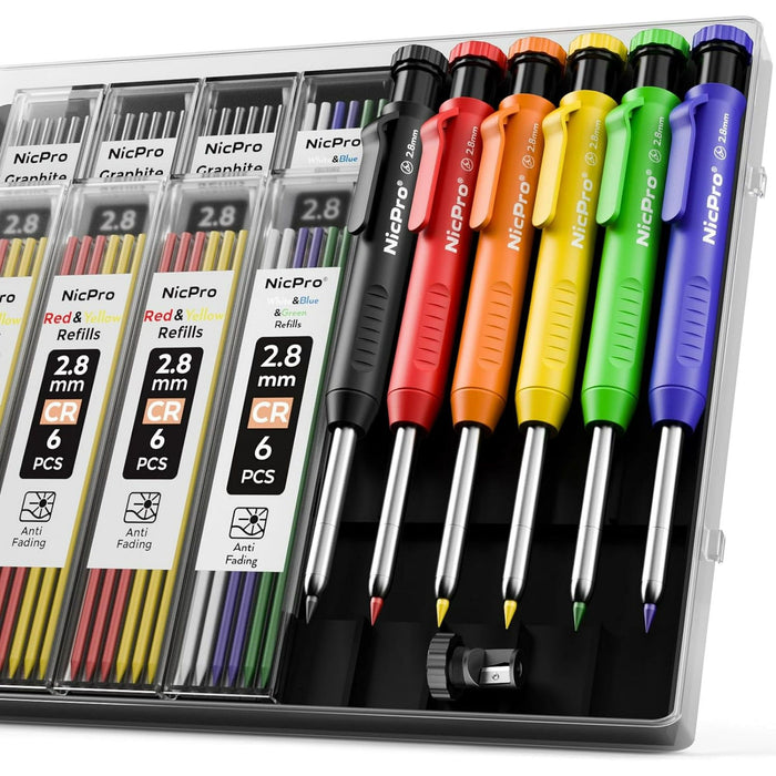 Nicpro 6 Pcs 2.8 mm Carpenter Pencils Set, Mechanical Pencils Refills in 6 Colors, Woodworking Pencils with 54 Refills, Sharpener