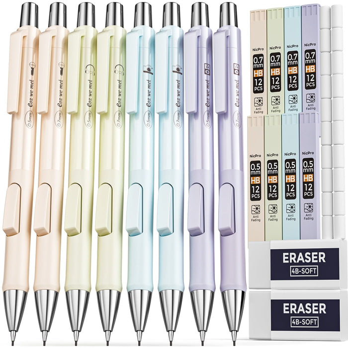 Nicpro 8 Pcs Pastel Mechanical Pencil 0.5mm & 0.7 mm, Cute Fast Click Mechanical Pencils Set with 8 Tubes HB Lead Refill, Eraser, Eraser Refill, with Case