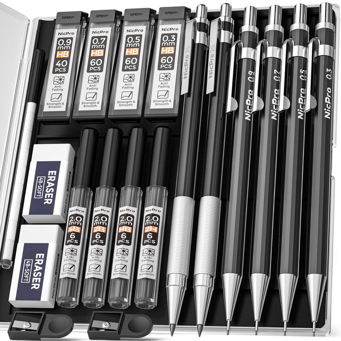 Nicpro 6 Pcs Art Mechanical Pencils Set, Black Metal Drafting Pencil 0.3, 0.5, 0.7, 0.9mm & 2PCS 2mm Graphite Lead Holder(4B 2B HB 2H) with 8 Lead Refills Eraser Case