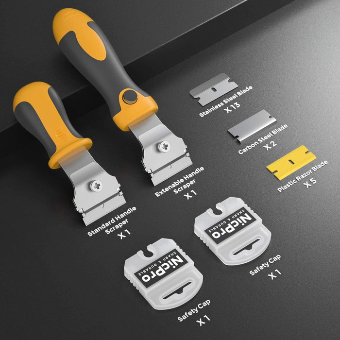 Nicpro 2 Pcs Muti-Purpose Razor Blades Scraper Set with 20 Blades Industrial, Adjustable Handle, Cleaning Glass Window Wall Paint, Label Sticker Decal Removal