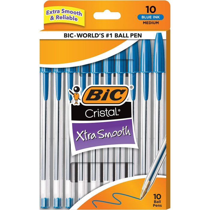 BIC Cristal Xtra Smooth Ballpoint Stick Pens, 1.0 mm, Blue Ink, Pack of 10