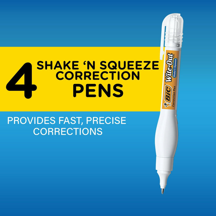 BIC Wite-Out Brand Shake 'N Squeeze Correction Pen, 0.3 ounces, White, Pack of 4