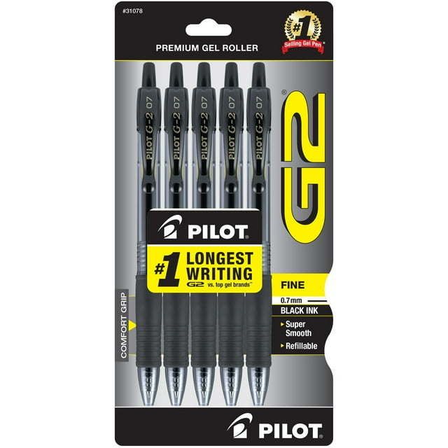 Pilot G2 Retractable Gel Ink Rolling Ball Pen Set, 5-Pen Set, Black