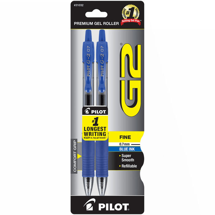 Pilot G2 Retractable Gel Ink Pens, Fine Point, Blue, 2 Pack