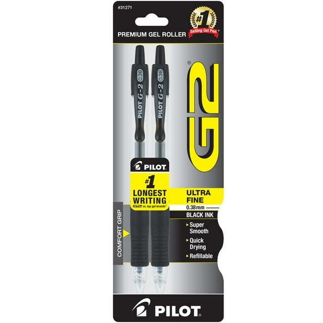 Pilot G2 Premium Retractable Gel Ink Rolling Ball Pens, Ultra Fine Point, Black Ink, 2 Pack