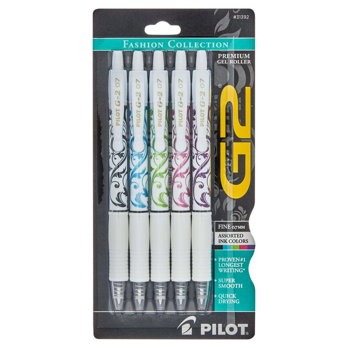 Pilot G2 White Barrel Fashion Collection Gel Pens, Fine Point, Assorted Ink, 5 Count