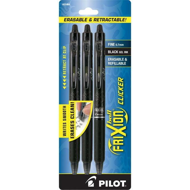 Pilot Frixion Clicker Erasable Gel Pens, Fine Point, Black Ink, 3 Count