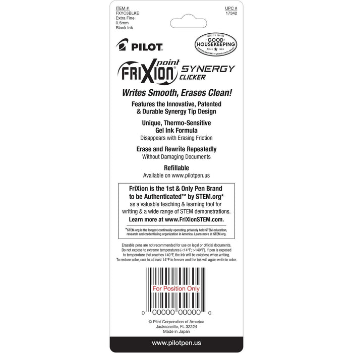 Pilot FriXion Synergy Clicker Erasable Gel Pens, Extra Fine Point, Black Ink, 3 Count