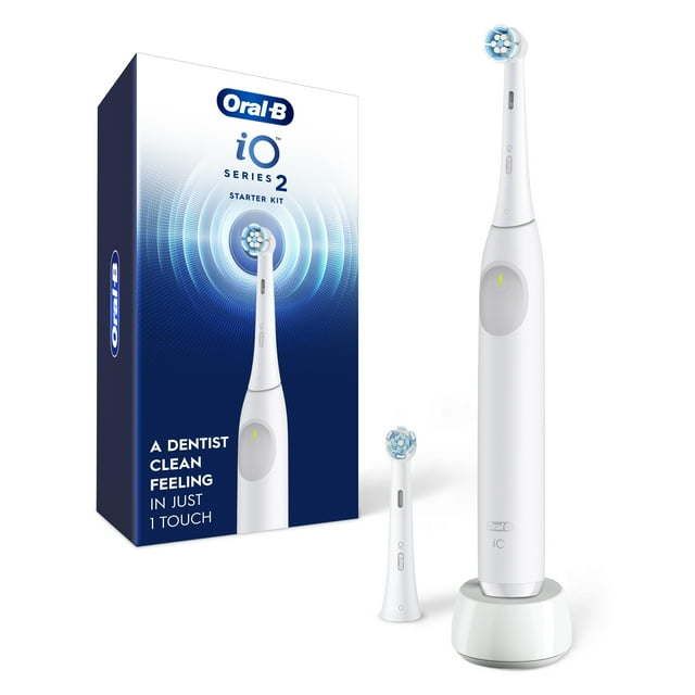 Oral-B iO Series 2 Rechargeable Electric Powered Toothbrush Starter Kit, Pure White with 2 Brush Heads - Automatic Pressure Sensor to Protect Gums - 3 Modes - 2 Min Timer