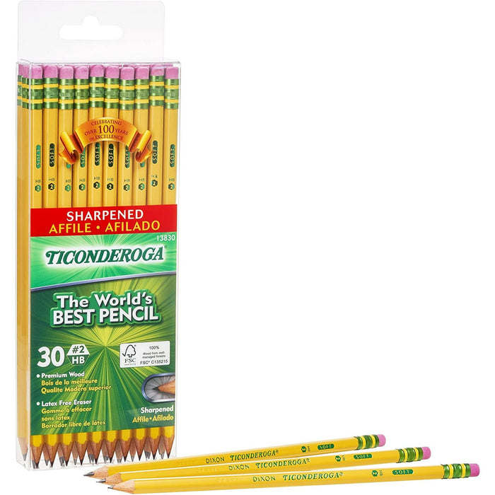 Ticonderoga Wood-Cased Pencils, Pre-Sharpened, 2 HB Soft, Yellow, 30 Count