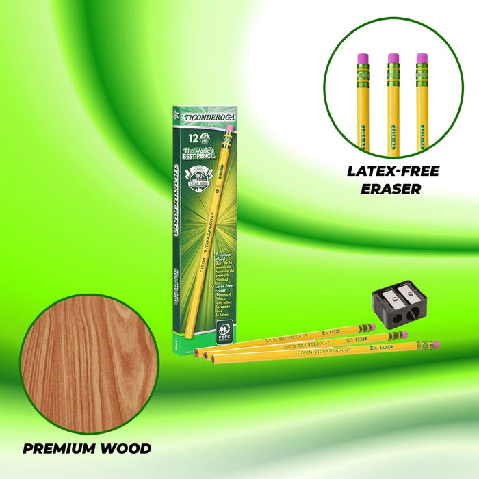 Ticonderoga Pencils #2 Soft Yellow Woodcase Graphite Pencil for School Supplies and Craft Supplies 12 Count (13882) Free Sharpener 1 Pack