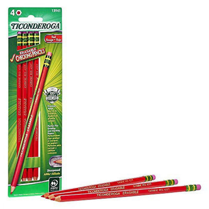TICONDEROGA Erasable Checking Pencils, Pre-Sharpened with Eraser, Red, Pack of 4 (13941)
