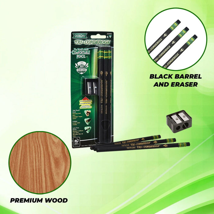 Ticonderoga Pencils #2 Black 3-Sided 6 Ct. Free Sharpener 1 Pack