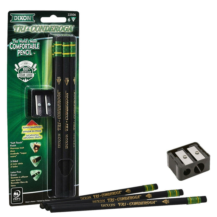 Ticonderoga Pencils #2 Black 3-Sided 6 Ct. Free Sharpener 1 Pack