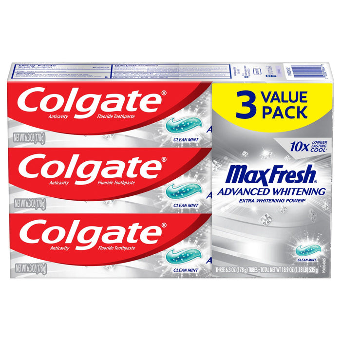 Colgate Max Fresh Advanced Whitening Toothpaste; Clean Mint; 3 Pack; 6.3 oz Tubes