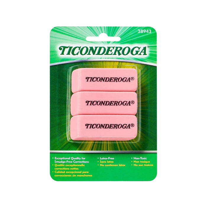 TICONDEROGA Pink Carnation Erasers, Wedge, Medium, Pink, 2-5/16 x 13/16 x 7/17 Inches, 3-Pack 38943