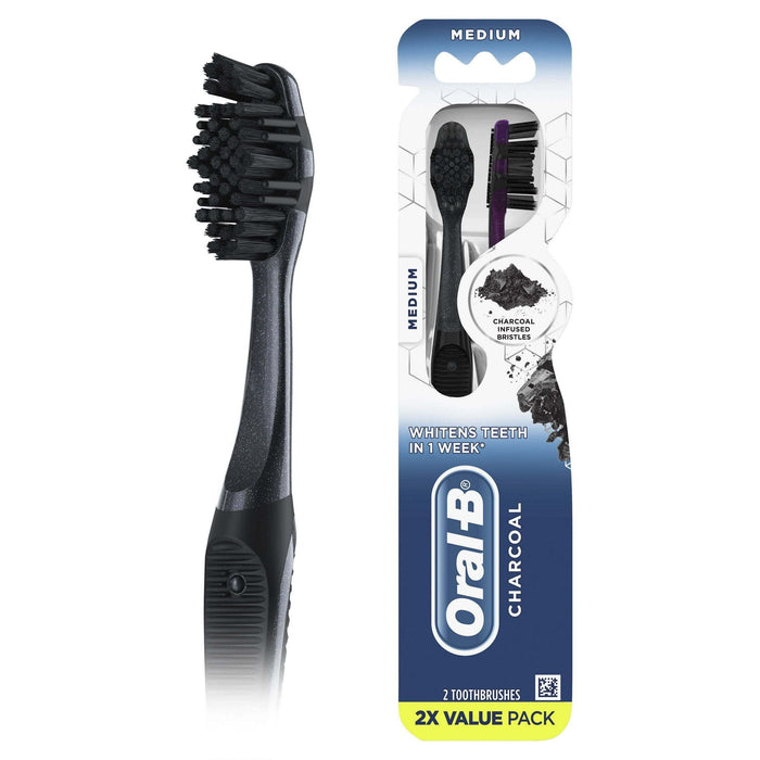 Oral-B Charcoal Manual Toothbrush, Medium, 2 Count, for Adults & Children 3+