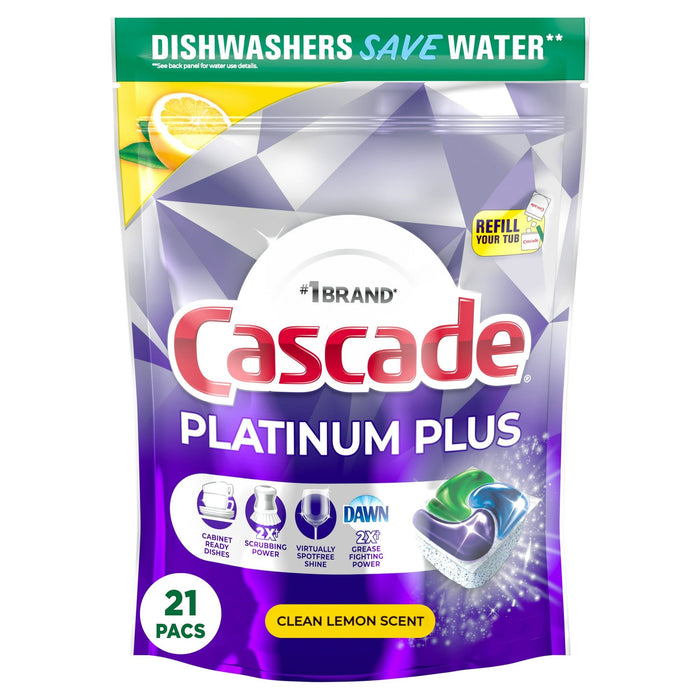 Cascade Platinum Plus Dishwasher Pods, Dish Detergent ActionPacs, Clean Lemon, 21 Count