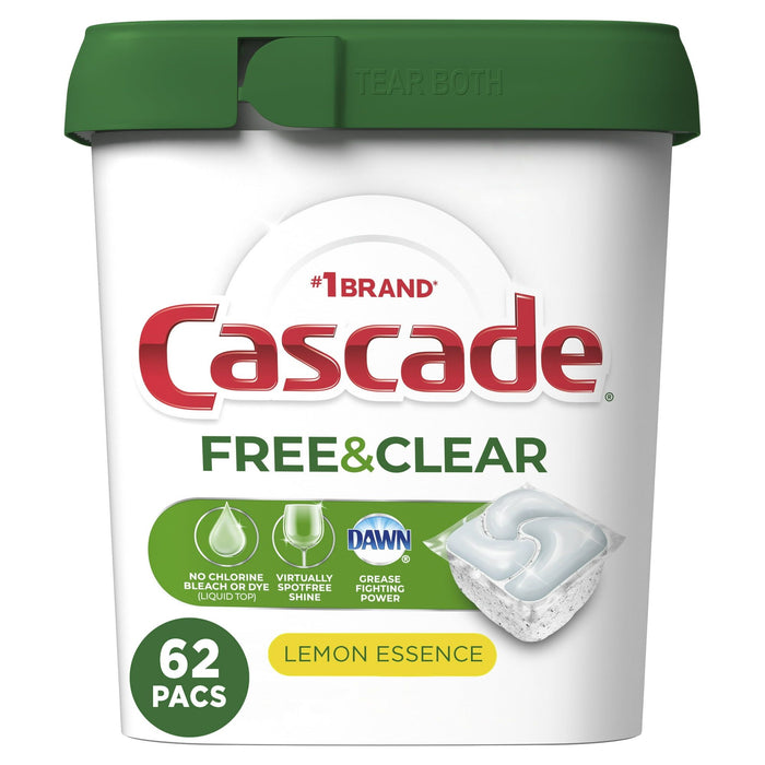 Cascade Free & Clear Action Pacs, Dishwasher Detergent, Lemon Essence, 62 Count