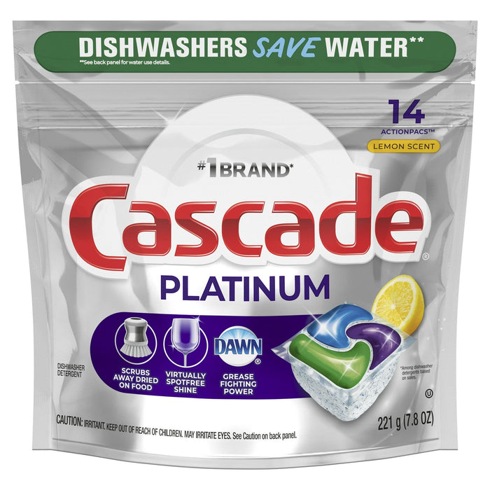 Cascade Platinum ActionPacs Dishwasher Detergent Pods, Lemon, 14 Ct