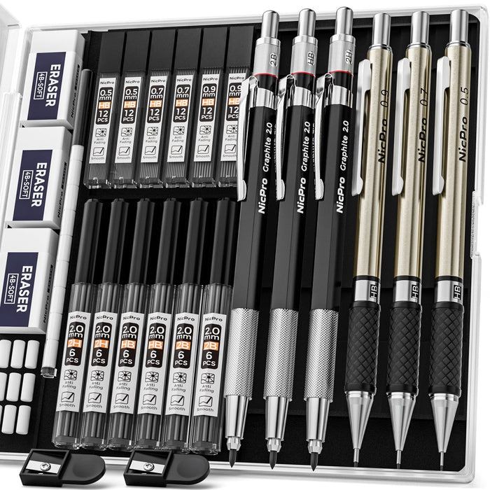 Nicpro 6 Pcs Mechanical Pencils Set, 3 Pcs Metal Pencils 0.5mm & 0.7mm & 0.9mm and 3 Pcs 2mm Graphite Lead Holder (2B HB 2H) with 12 Tubes Lead Refills, Come with Case, Black