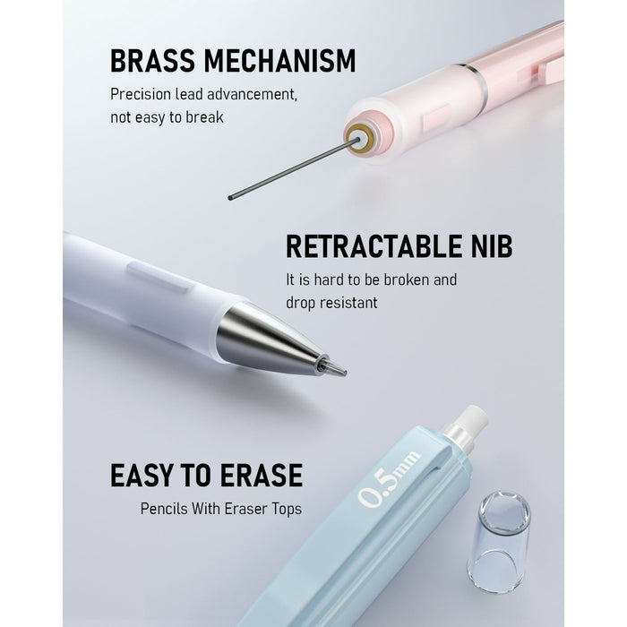 Nicpro 3 Pcs 0.5mm Pastel Mechanical Pencils, with 6 tubes HB Lead Refills, Erasers, Eraser Refills - Come with Case