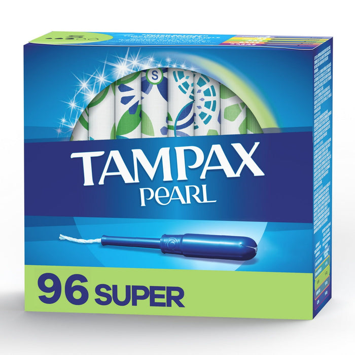 Tampax Pearl Tampons Super Absorbency with BPA-Free Plastic Applicator and LeakGuard Braid, Unscented, 96 Count