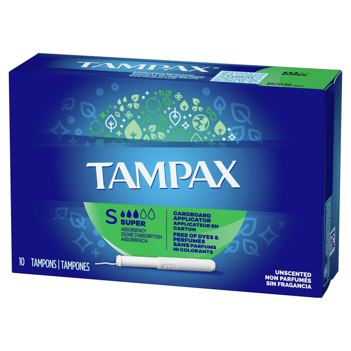 Tampax Cardboard Tampons Super Absorbency, Anti-Slip Grip, LeakGuard Skirt, Unscented, 10 Count