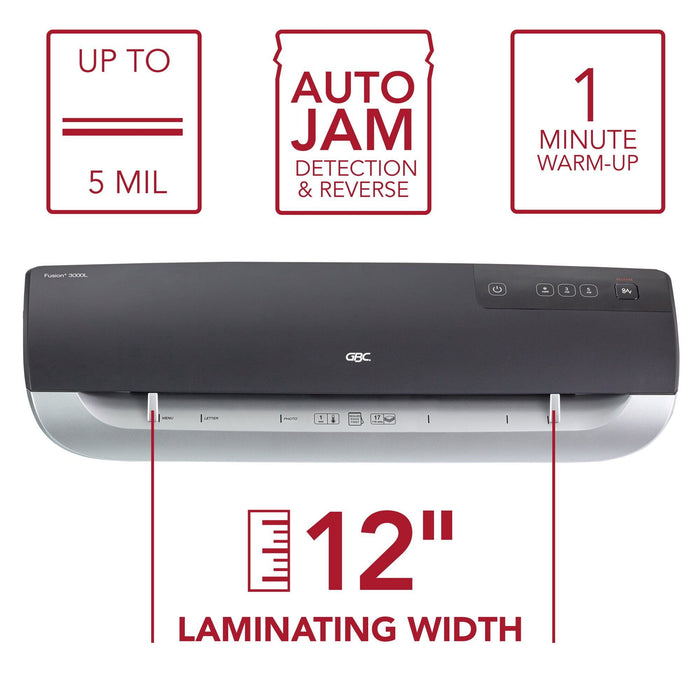 GBC Fusion 3000L 12" Laminator, 1 Min Warm-Up, 3-5 Mil, Includes 30 EZUse Laminating Pouches