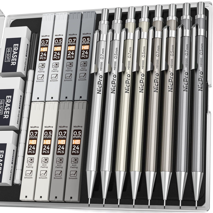 Nicpro 8Pcs 0.5mm & 0.7mm Metal Mechanical Pencils Set, Lead Drafting Pencil with 8 Tubes HB Lead Refills, 3Pcs 4B Erasers, 9Pcs Eraser Refills, Come with Case