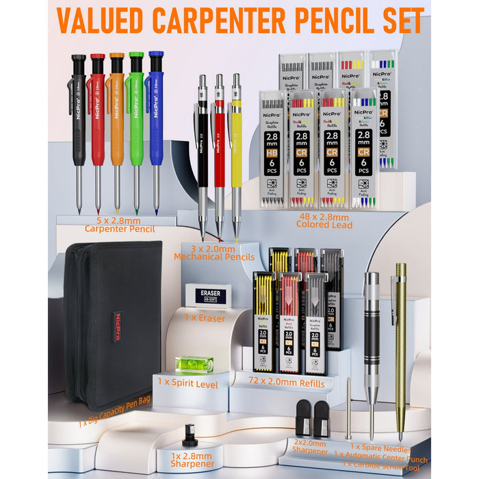 Nicpro 31 Pack Carpenter Pencil Set, Mechanical Pencils with 128 Pcs Refills and Carbide Scribe Tool, Heavy Duty Construction Pencils for Architect Woodworking - with Canvas Case