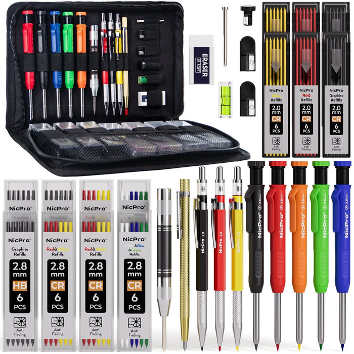 Nicpro 31 Pack Carpenter Pencil Set, Mechanical Pencils with 128 Pcs Refills and Carbide Scribe Tool, Heavy Duty Construction Pencils for Architect Woodworking - with Canvas Case