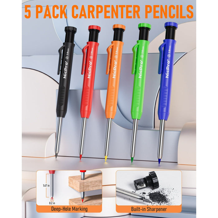 Nicpro 31 Pack Carpenter Pencil Set, Mechanical Pencils with 128 Pcs Refills and Carbide Scribe Tool, Heavy Duty Construction Pencils for Architect Woodworking - with Canvas Case