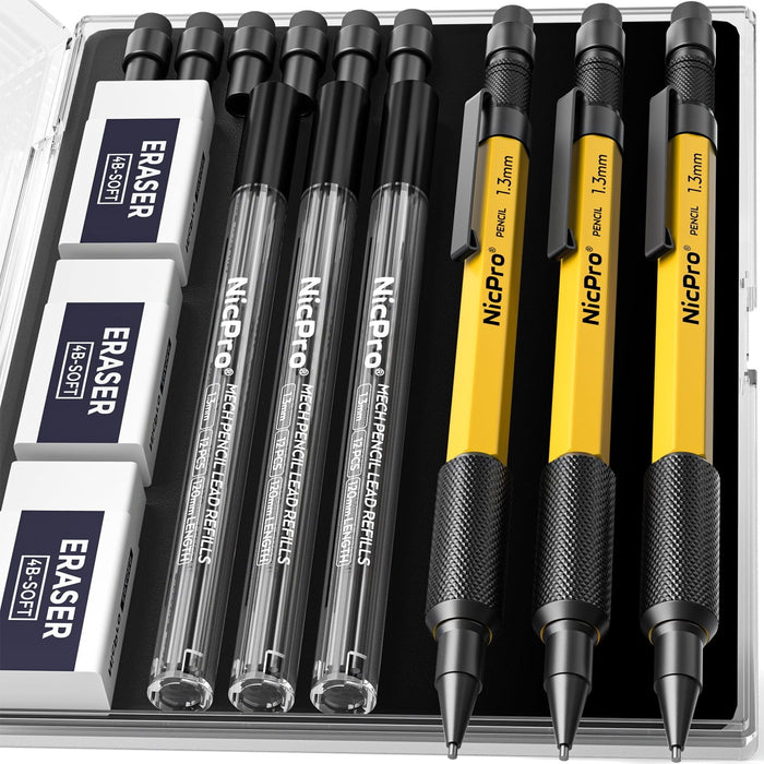 Nicpro 3Pcs 1.3 mm Mechanical Pencils Set with 36 Lead Refill, 3 Eraser, Weatherproof Metal Barrel, Heavy Duty Carpenter Pencil for Outdoor Marking Drafting Drawing Sketching Woodworking - with Case