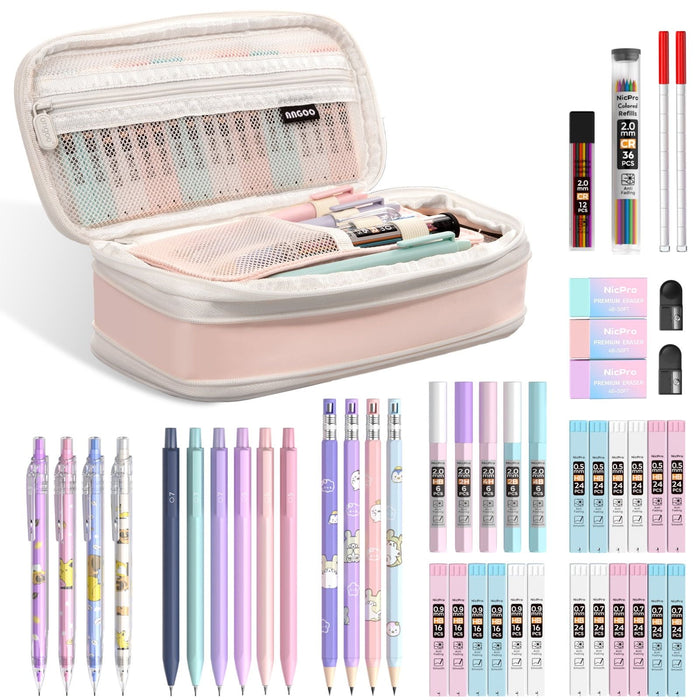 Nicpro 47PCS Aesthetic School Supplies in Big Capacity Pen Case, Cute Pastel Mechanical Pencils 0.5, 0.7, 0.9 & 2mm Lead Holder with 25 Tube Lead Refills 4B 2B HB 2H Color, Erasers for Student Writing