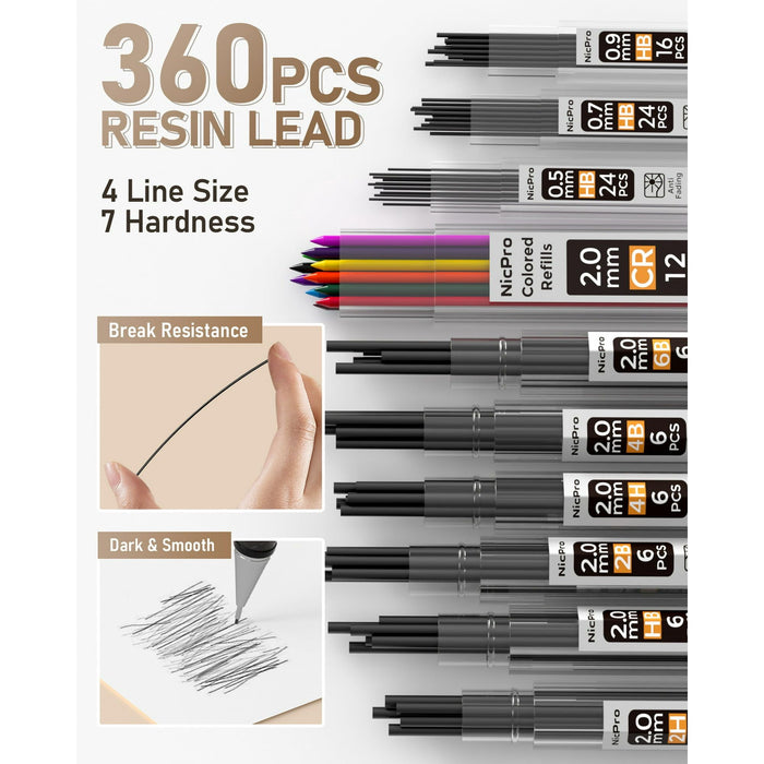 Nicpro 6 Pcs Metal Mechanical Pencils, Drafting Pencil 0.5 mm & 0.7 mm & 0.9 mm & 3 Pcs 2mm Lead Holder (6B 4B 2B HB 2H 4H Colors) with 20 Tube Lead Refills Case