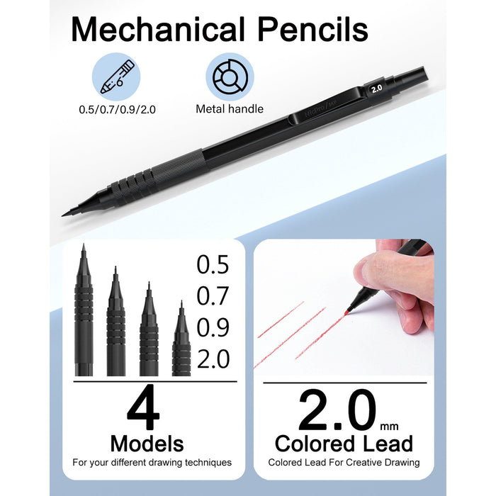 Nicpro 35PCS Metal Mechanical Pencils Set, Art Drafting Pencil 0.5, 0.7, 0.9 mm & 3PCS 2mm Graphite Lead Refills, Eraser, Sharpener, Case